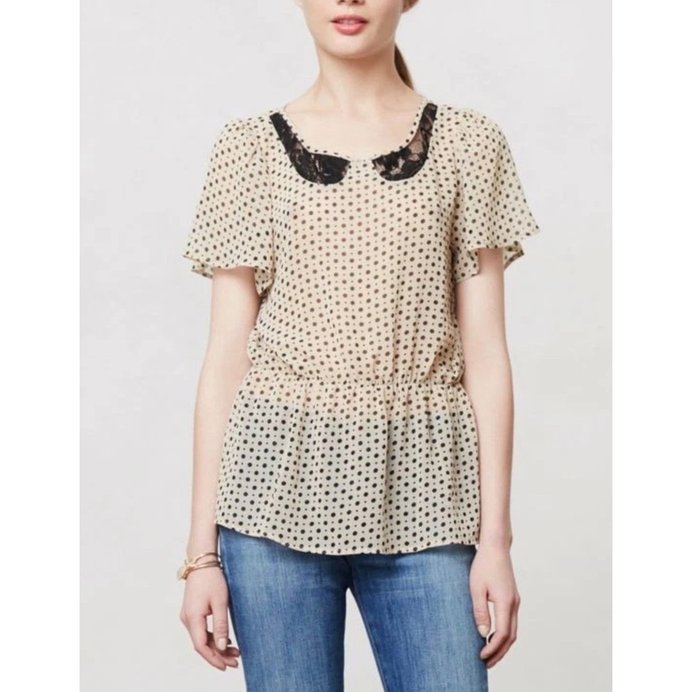 B. Vintage for Anthropologie Polka Dot Lace Collar Peplum Blouse Tan Black S